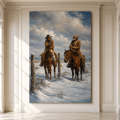 Two Cowboys on Horseback in Winter Wrapped Canvas Wall Art – Snowy Western Ranch Print - ART OF ROYALS