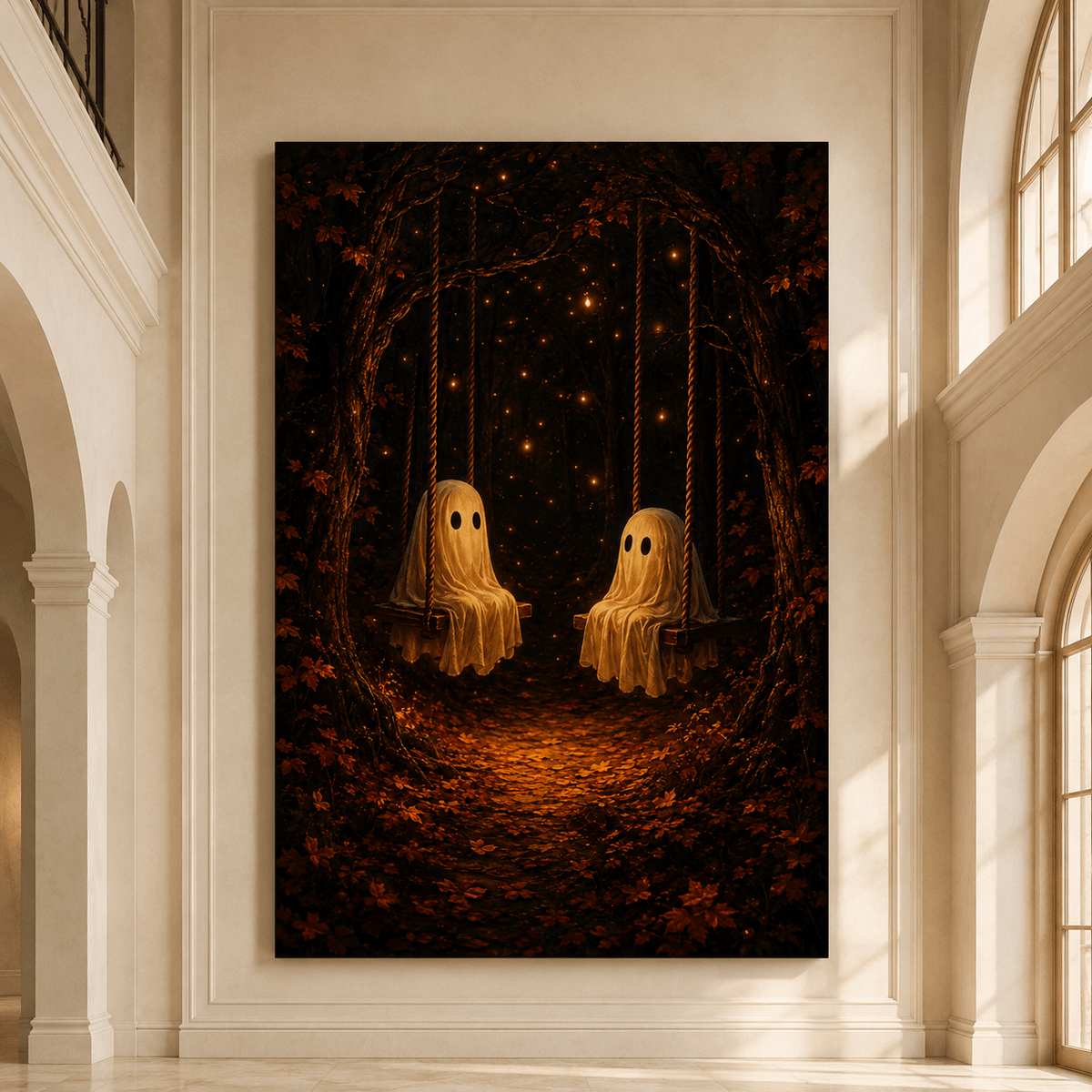 Two Ghosts on Swings Wrapped Canvas Wall Art – Enchanted Halloween Forest Print - ART OF ROYALS