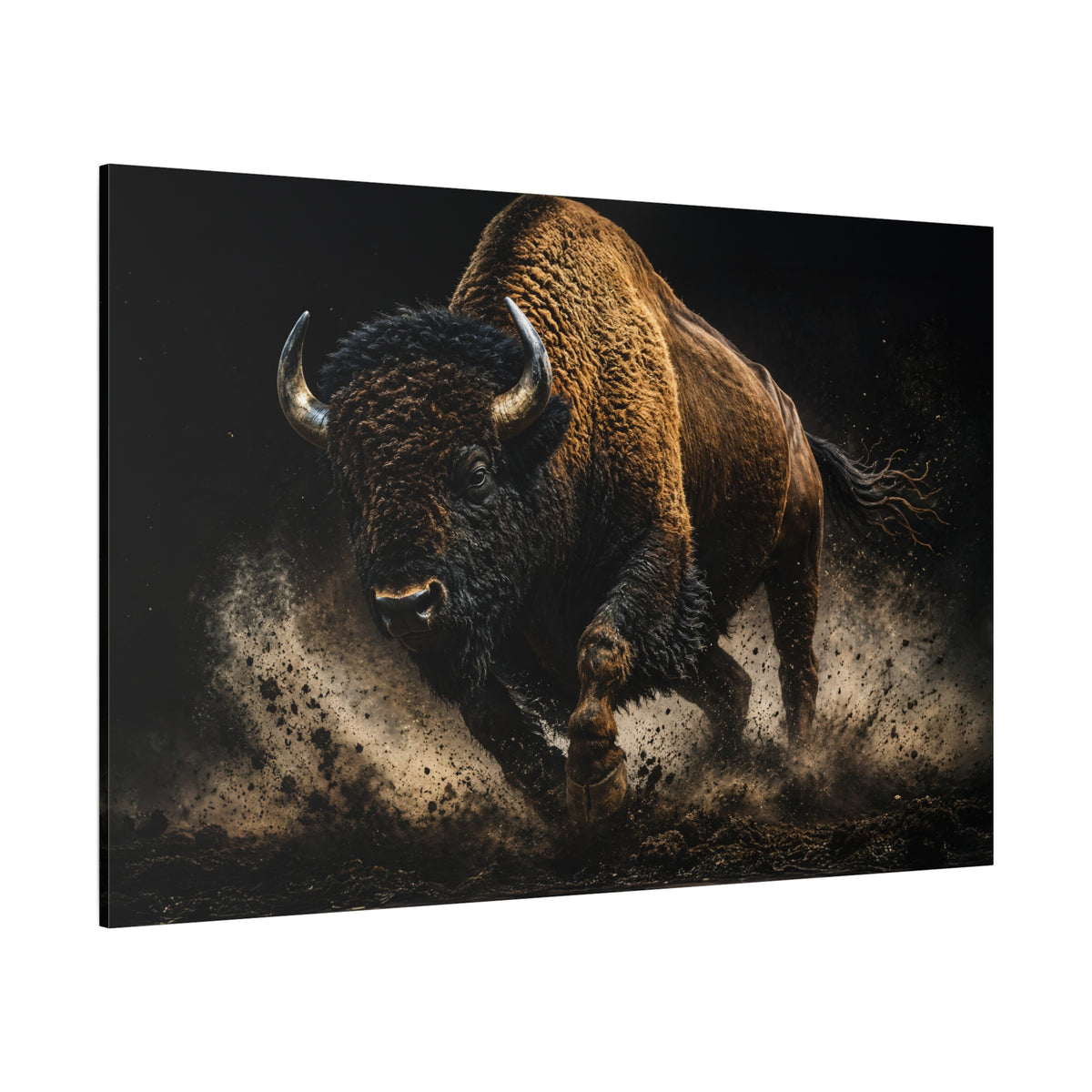 Bison Charging in Studio Light Wrapped Canvas Wall Art – Dramatic Black Background Print - ART OF ROYALS