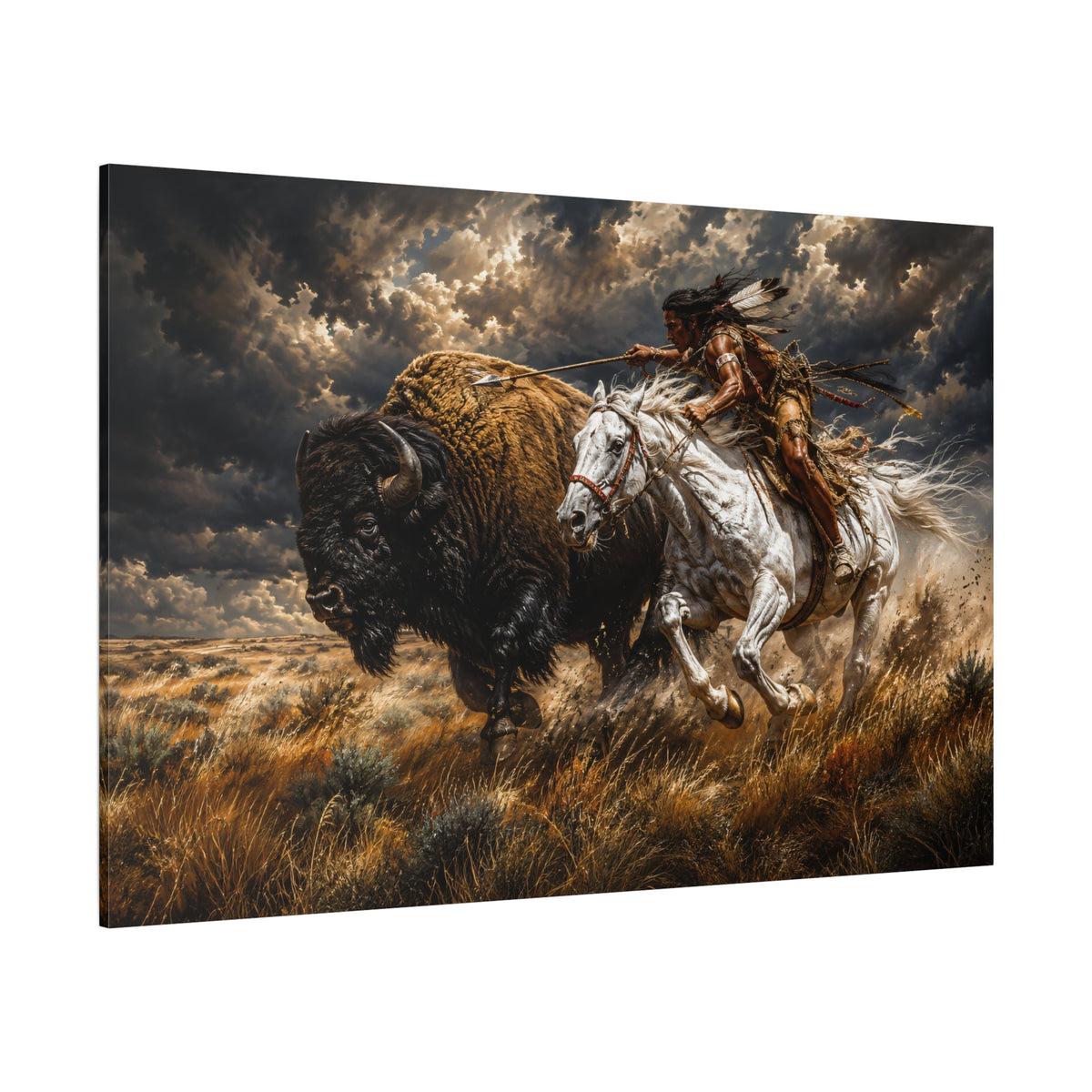 Native American Buffalo Hunt Wrapped Canvas Wall Art – Historic Western Action Painting Print - ART OF ROYALS