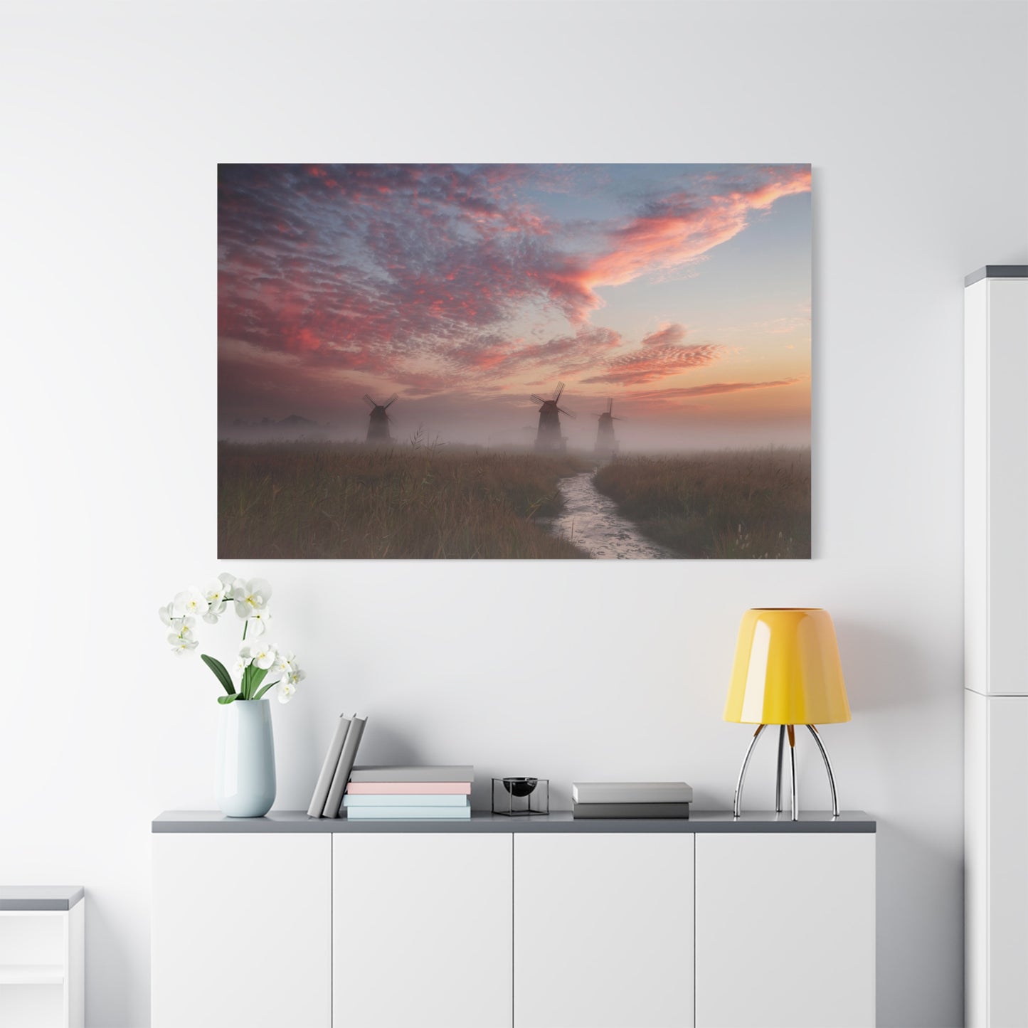 Windmills Over Tranquil River and Field