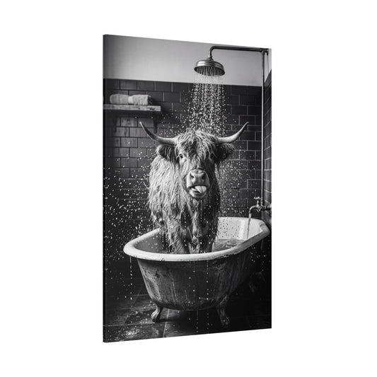 Highland Cow Shower Time – Funny Black & White Bathroom Canvas Wall Art