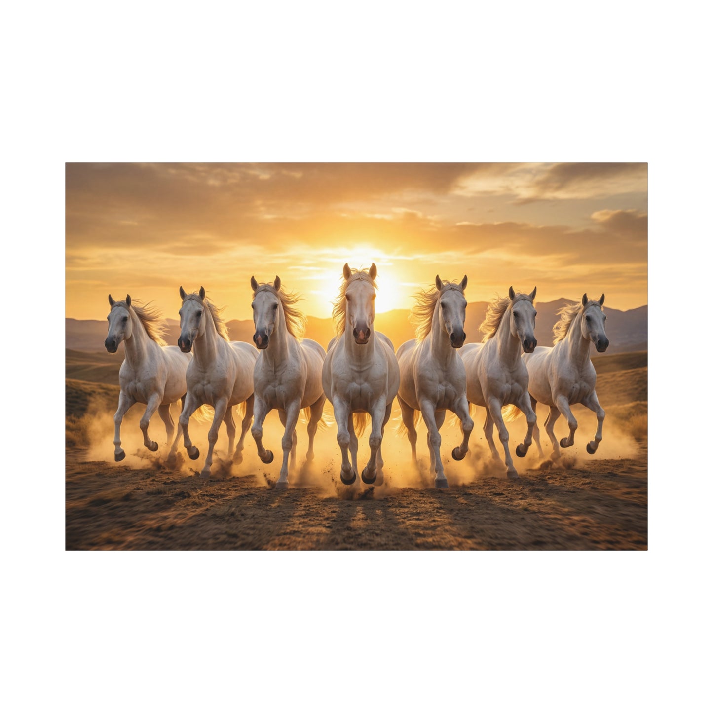 Seven White Horses at Sunset – Majestic Power & Freedom Canvas Wall Art