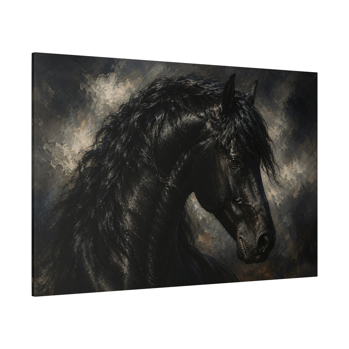 Black Friesian Horse Portrait Wrapped Canvas Wall Art – Classical Oil Painting Print - ART OF ROYALS