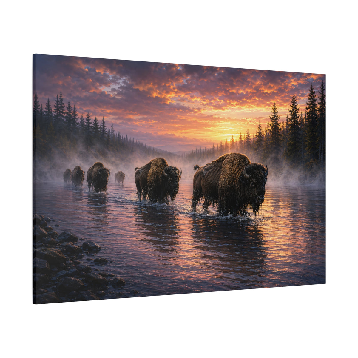 Bison Herd Crossing Misty River Wrapped Canvas Wall Art – Atmospheric Sunset Wildlife Print - ART OF ROYALS