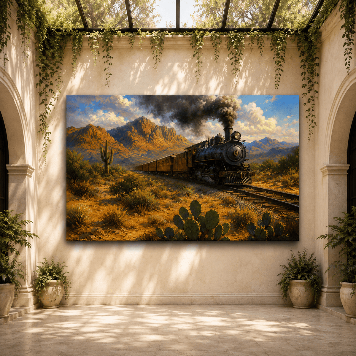 Vintage Steam Train Through Southwestern Desert Wrapped Canvas Wall Art – Western Railroad Landscape Print - ART OF ROYALS