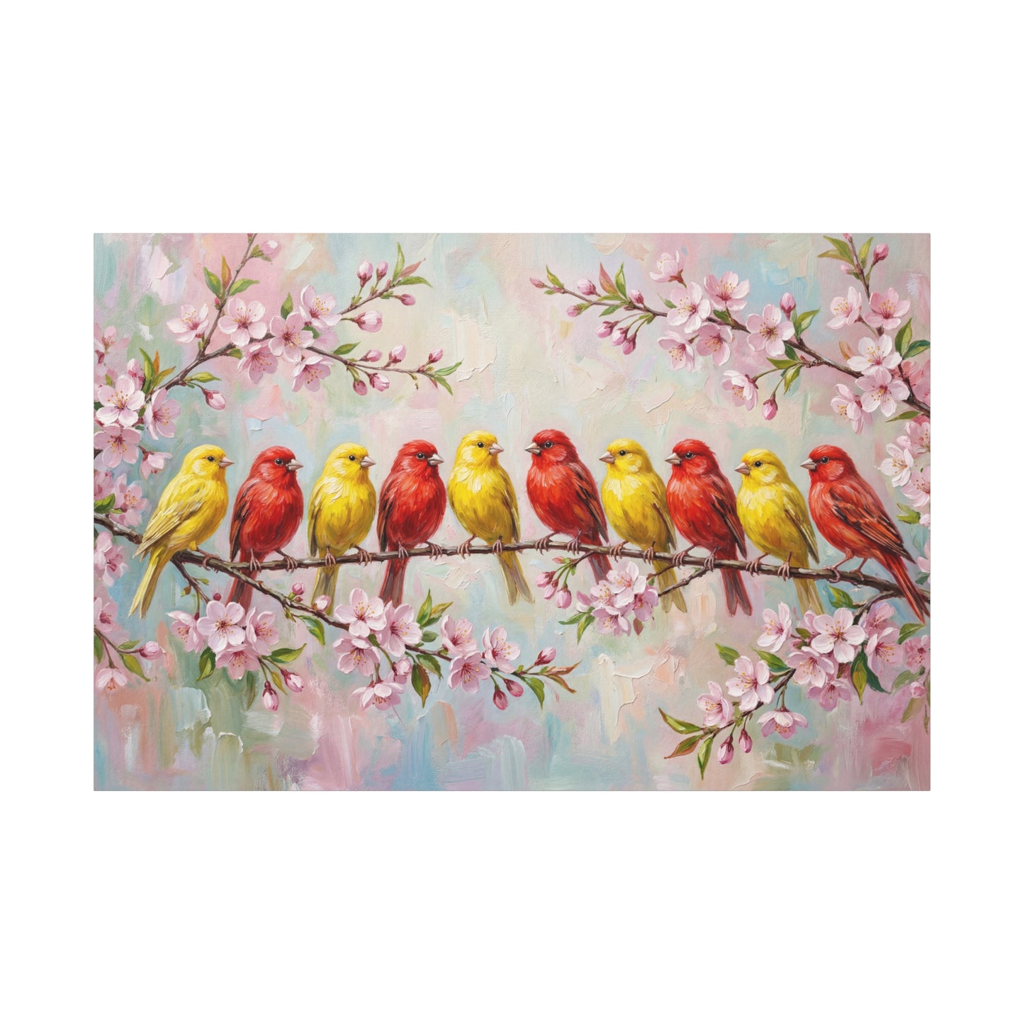 Spring Harmony – Colorful Canary Birds on Blossom Branch Canvas Wall Art