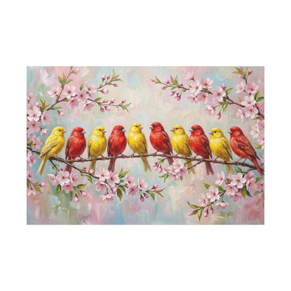 Spring Harmony – Colorful Canary Birds on Blossom Branch Canvas Wall Art