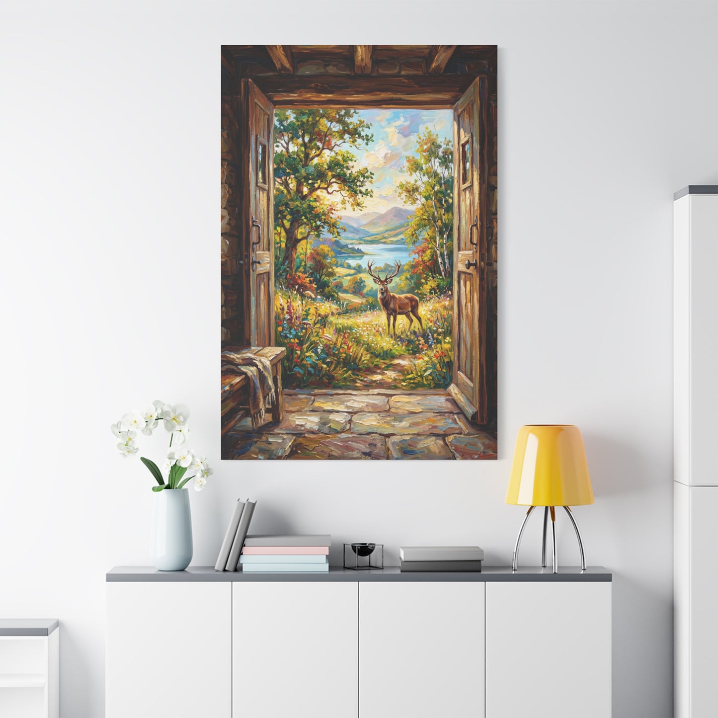 Open Door to Serenity – Rustic Countryside Deer Landscape Canvas Wall Art
