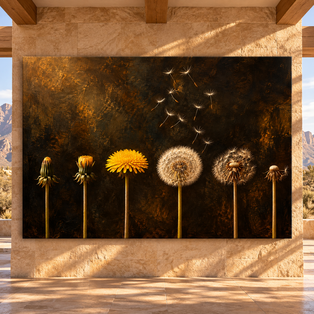 Dandelion Life Cycle Wrapped Canvas Wall Art – Golden Botanical Transformation Painting