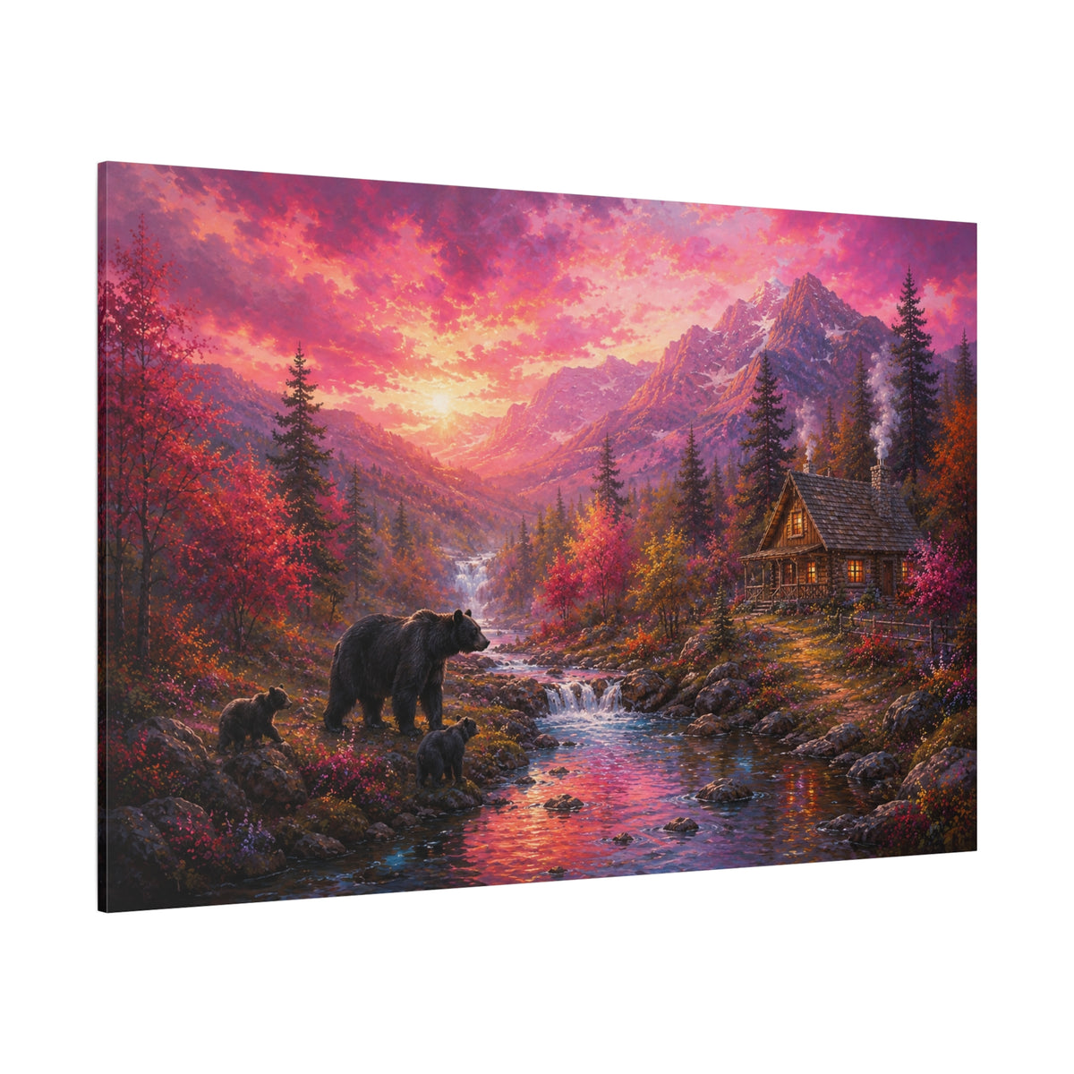 Bear Creek Sunset – Mountain Cabin Wildlife Canvas Wall Art - ART OF ROYALS