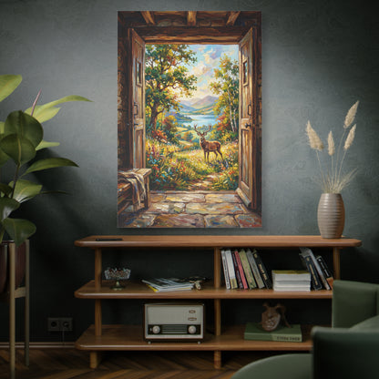 Open Door to Serenity – Rustic Countryside Deer Landscape Canvas Wall Art