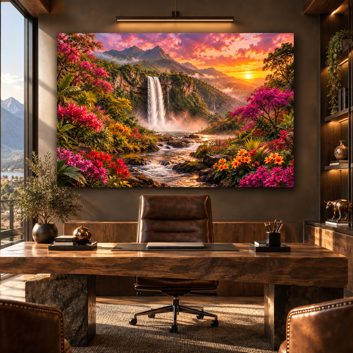 Tropical Waterfall at Sunset Wrapped Canvas Wall Art – Colorful Mountain Paradise Landscape - ART OF ROYALS