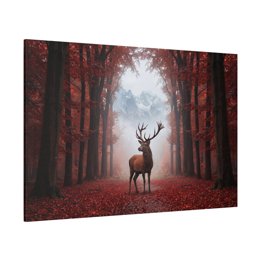 Majestic Deer in Red Autumn Forest – Serene Woodland Canvas Wall Art