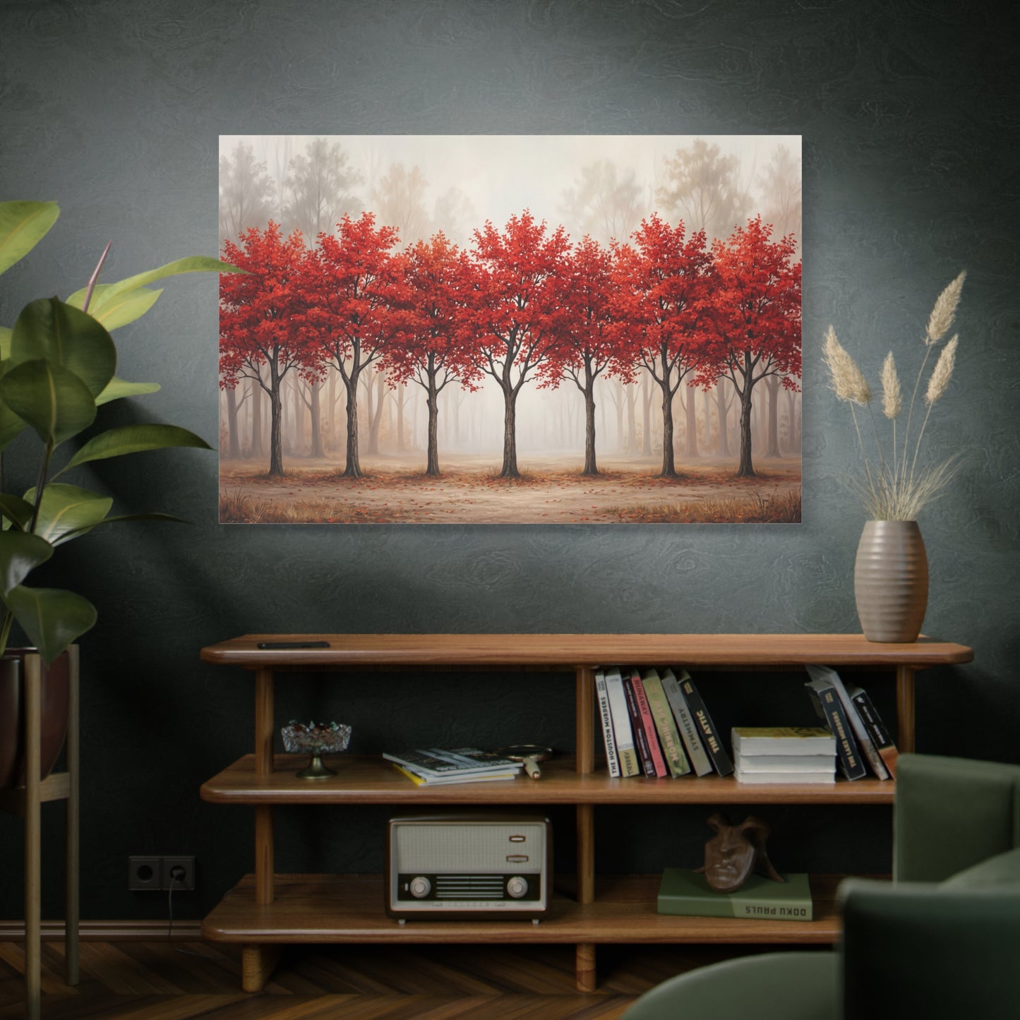 Symmetrical Red Autumn Trees – Minimalist Forest Canvas Wall Art