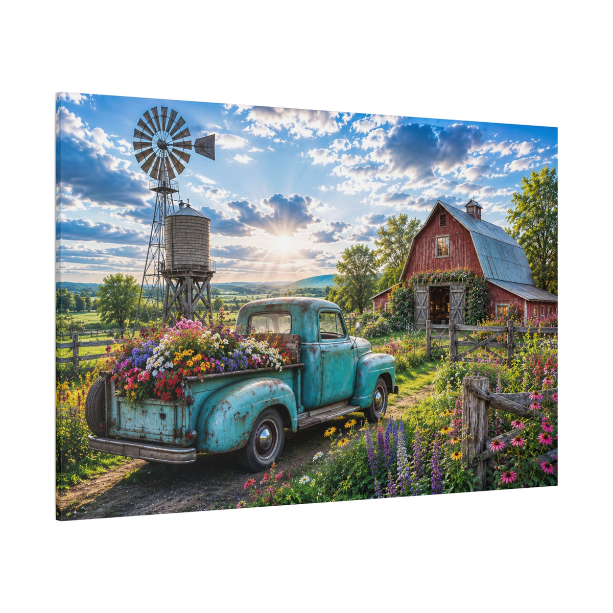 Wildflower Farm – Vintage Truck and Red Barn Canvas Wall Art - ART OF ROYALS