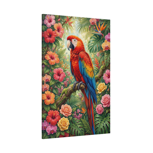 Tropical Scarlet Macaw Paradise – Vibrant Floral Jungle Canvas Wall Art