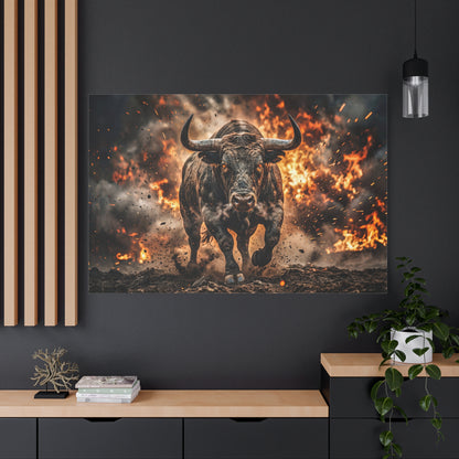 Charging Bull Through Fire – Powerful Action Canvas Wall Art
