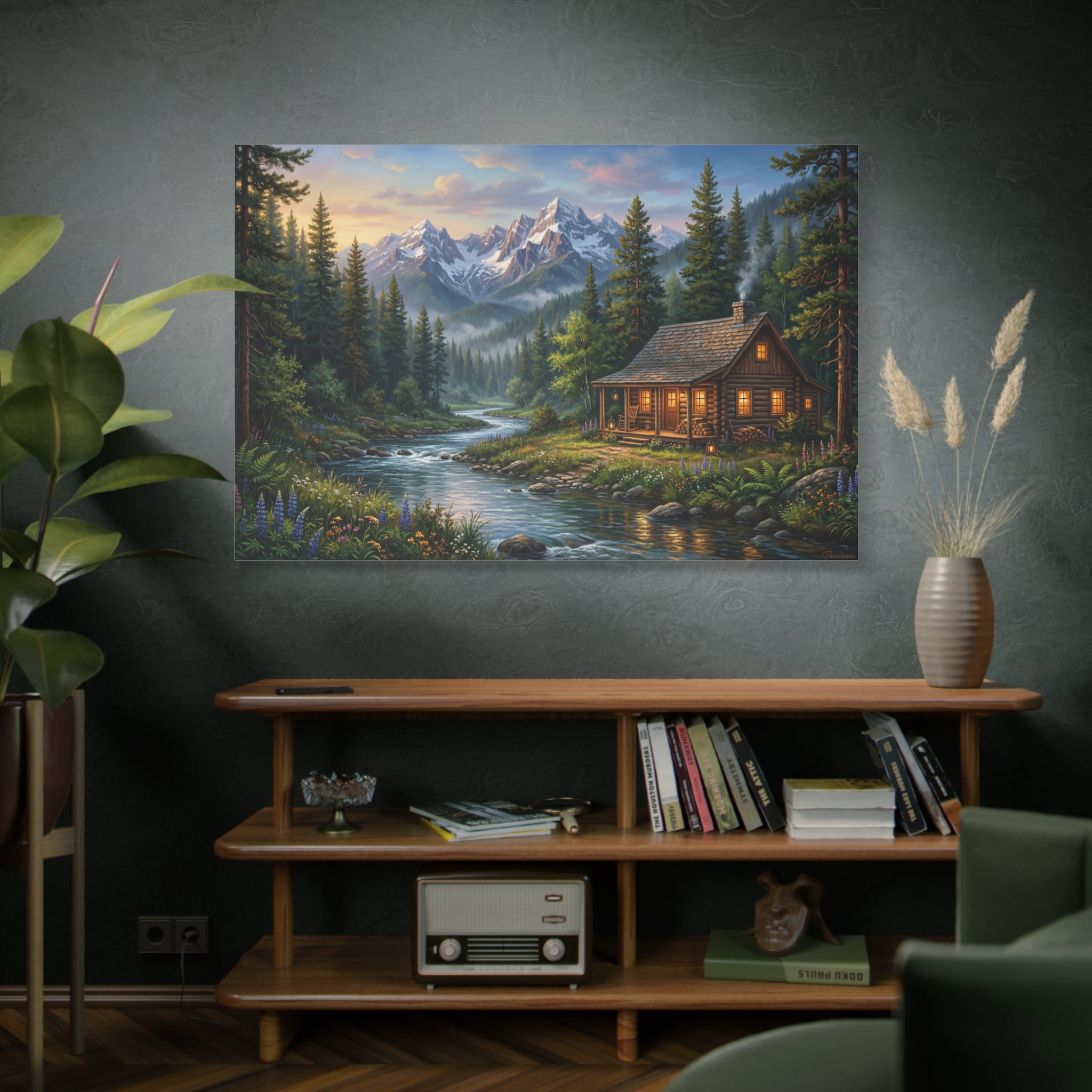 Alpine cabin mountain stream canvas wall art for nature inspired rustic home decor