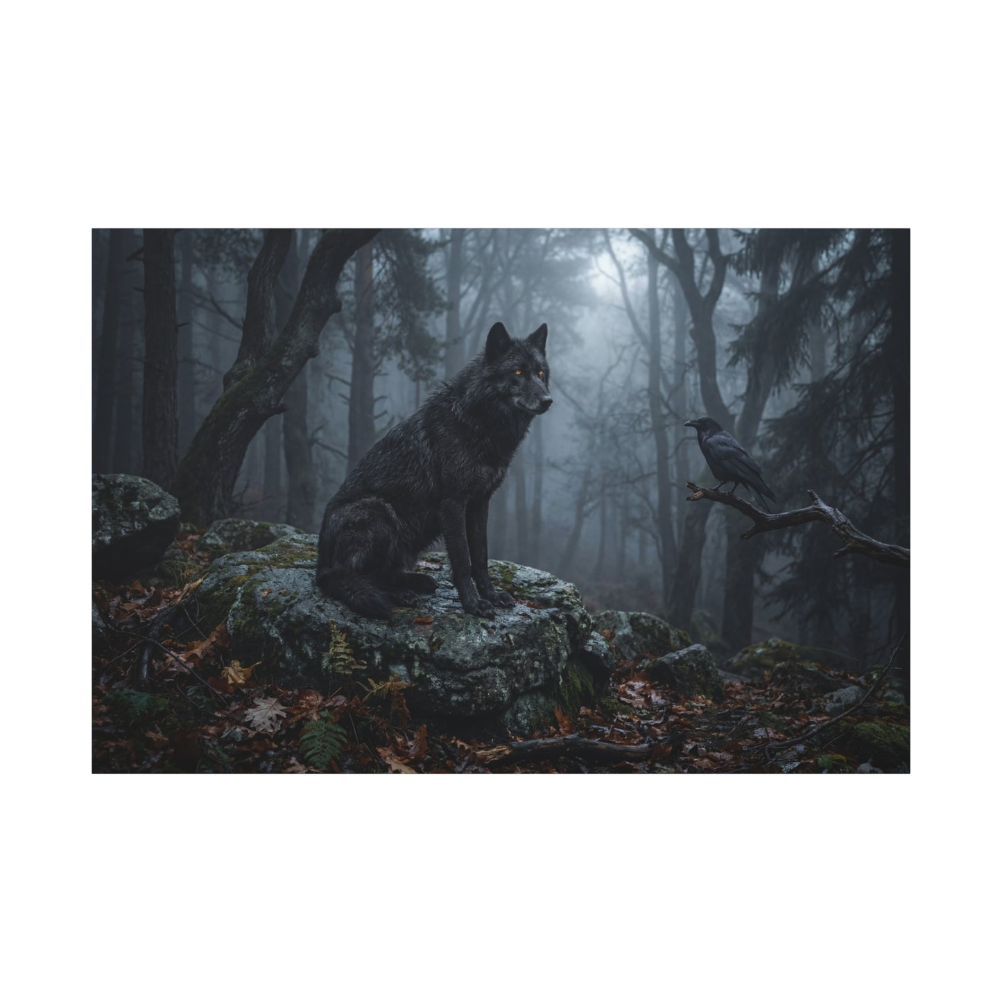 Black Wolf & Raven in Misty Forest – Dark Wilderness Canvas Wall Art