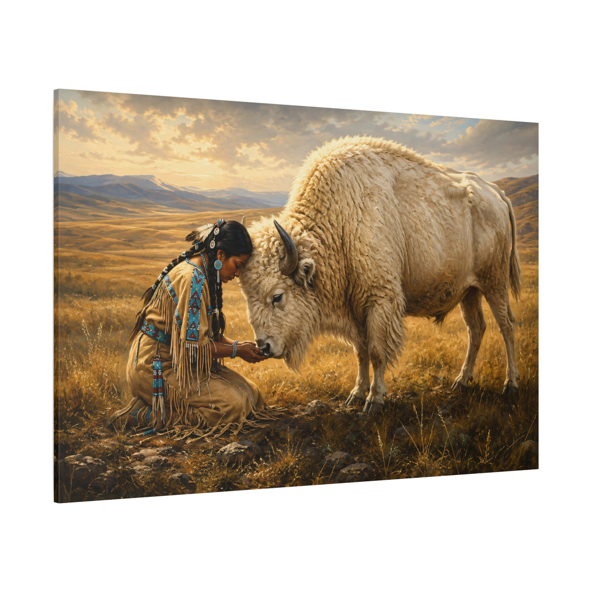 Native American Woman with White Buffalo Wrapped Canvas Wall Art – Sacred Western Oil Painting Print - ART OF ROYALS