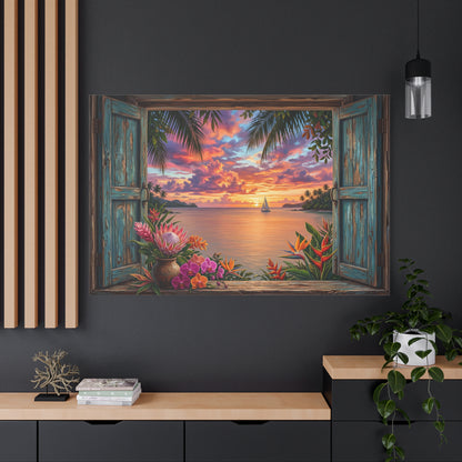 Tropical Sunset Through Rustic Window – Ocean Paradise Canvas Wall Art