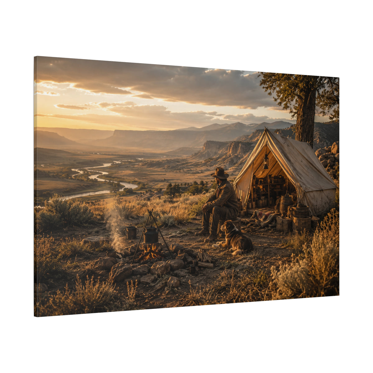 Frontier Cowboy Camp at Sunset – Western Canvas Wall Art - ART OF ROYALS