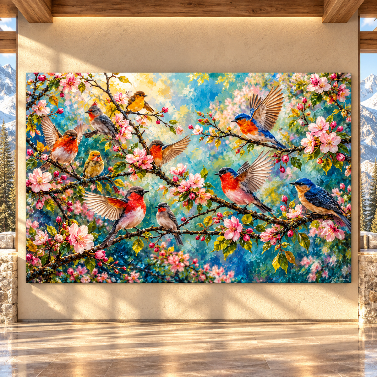 Colorful Songbirds on Pink Blossoming Branches Wrapped Canvas Wall Art – Spring Bird & Floral Nature Print