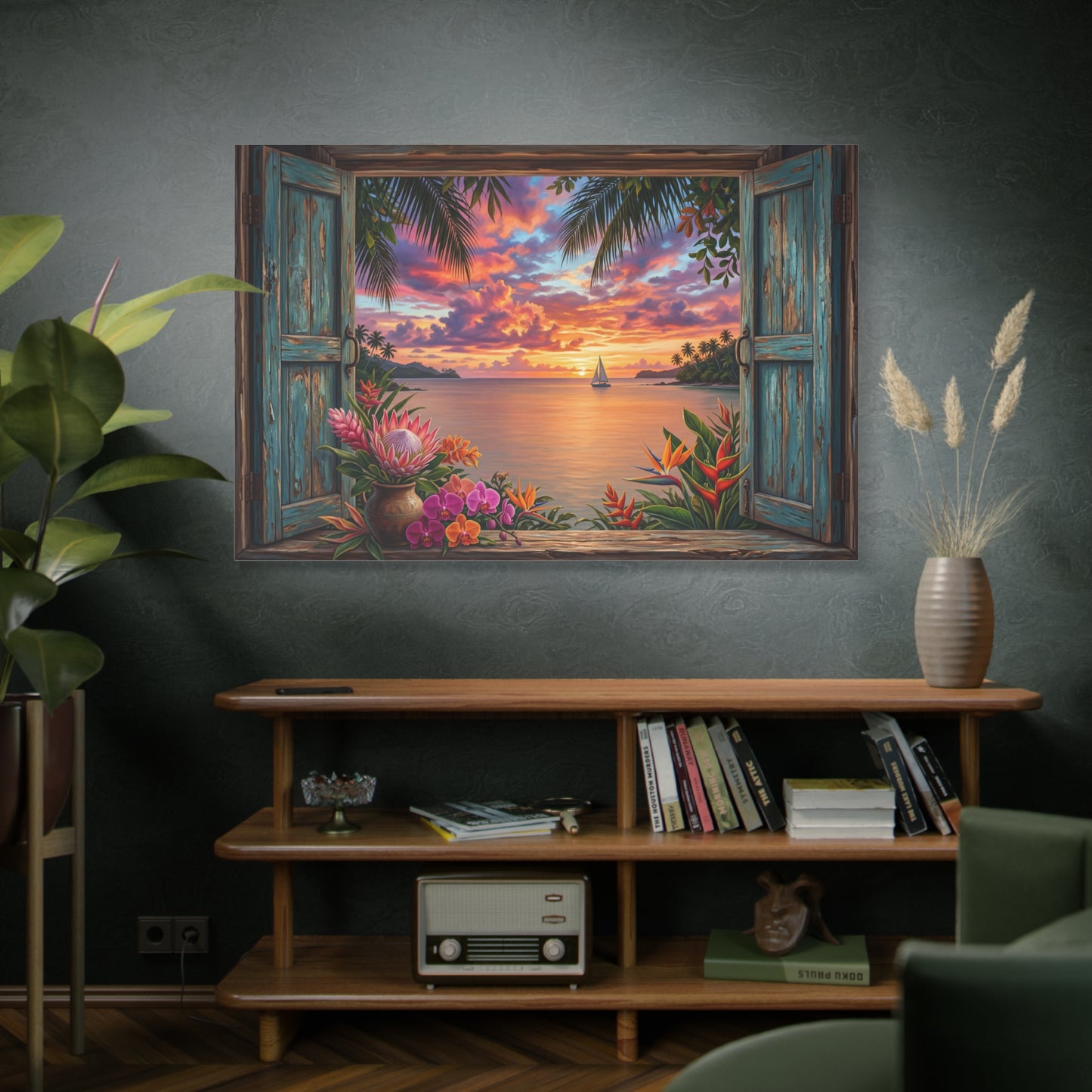 Tropical Sunset Through Rustic Window – Ocean Paradise Canvas Wall Art