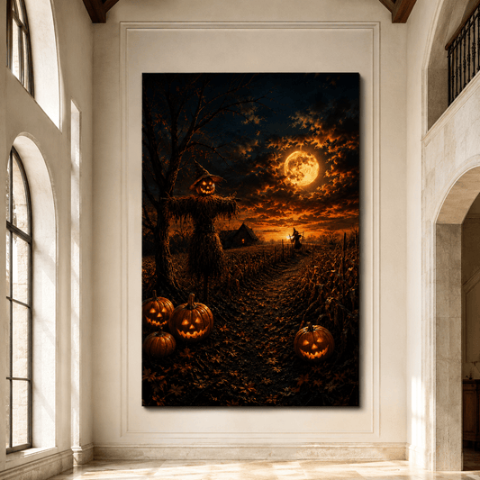 Halloween Pumpkin Patch Wrapped Canvas Wall Art – Haunted Cornfield Scarecrow & Full Moon Print - ART OF ROYALS