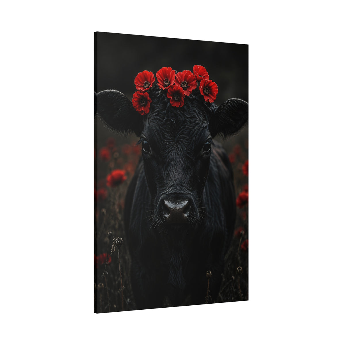 Black Cow with Poppy Flower Crown Wrapped Canvas Wall Art – Moody Floral Portrait Print - ART OF ROYALS