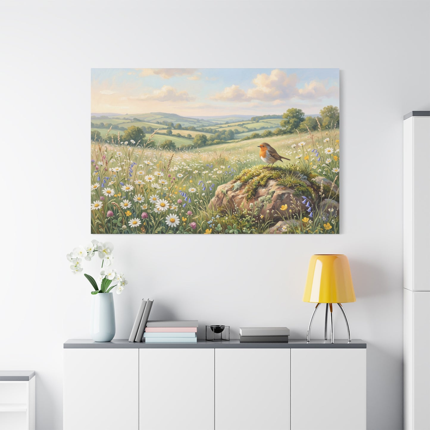 Robin in Blooming Meadow – Peaceful Countryside Canvas Wall Art