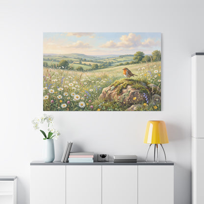 Robin in Blooming Meadow – Peaceful Countryside Canvas Wall Art