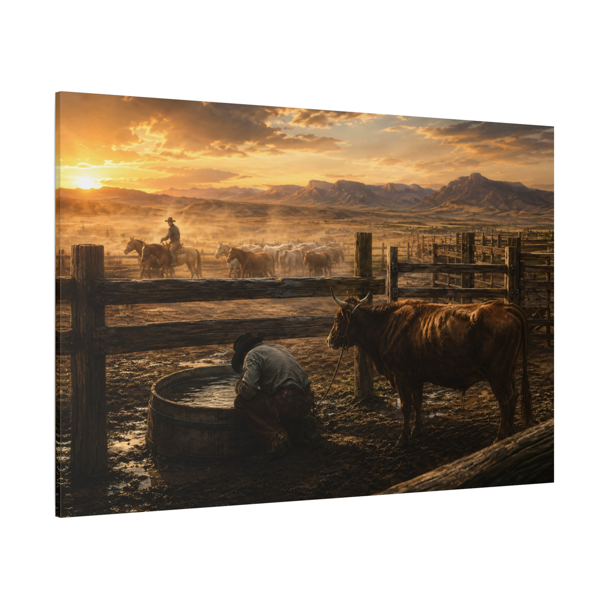 Cowboy at the Watering Trough Wrapped Canvas Wall Art – Cinematic Ranch Sunset Print - ART OF ROYALS