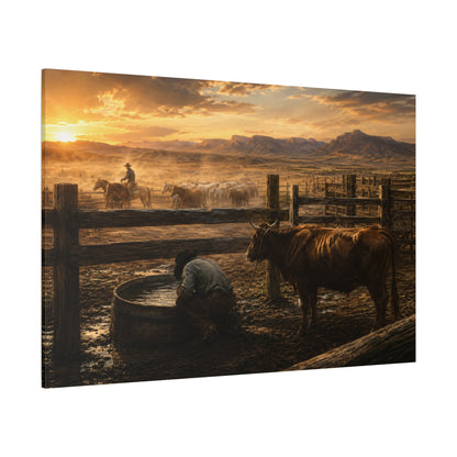 Cowboy at the Watering Trough Wrapped Canvas Wall Art – Cinematic Ranch Sunset Print - ART OF ROYALS