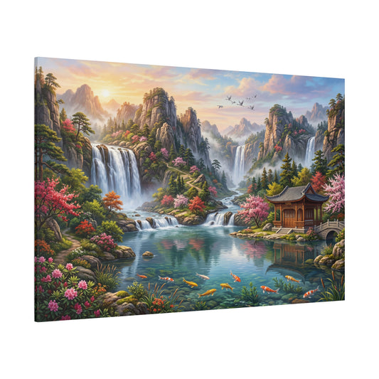 Celestial Garden – Tranquil Waterfalls & Blossoming Peaks