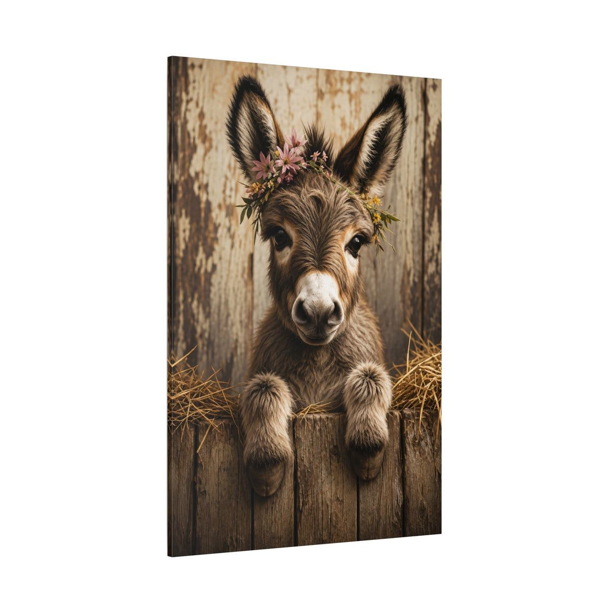 Baby Donkey in Bloom – Flower Crown Foal Canvas Wall Art - ART OF ROYALS