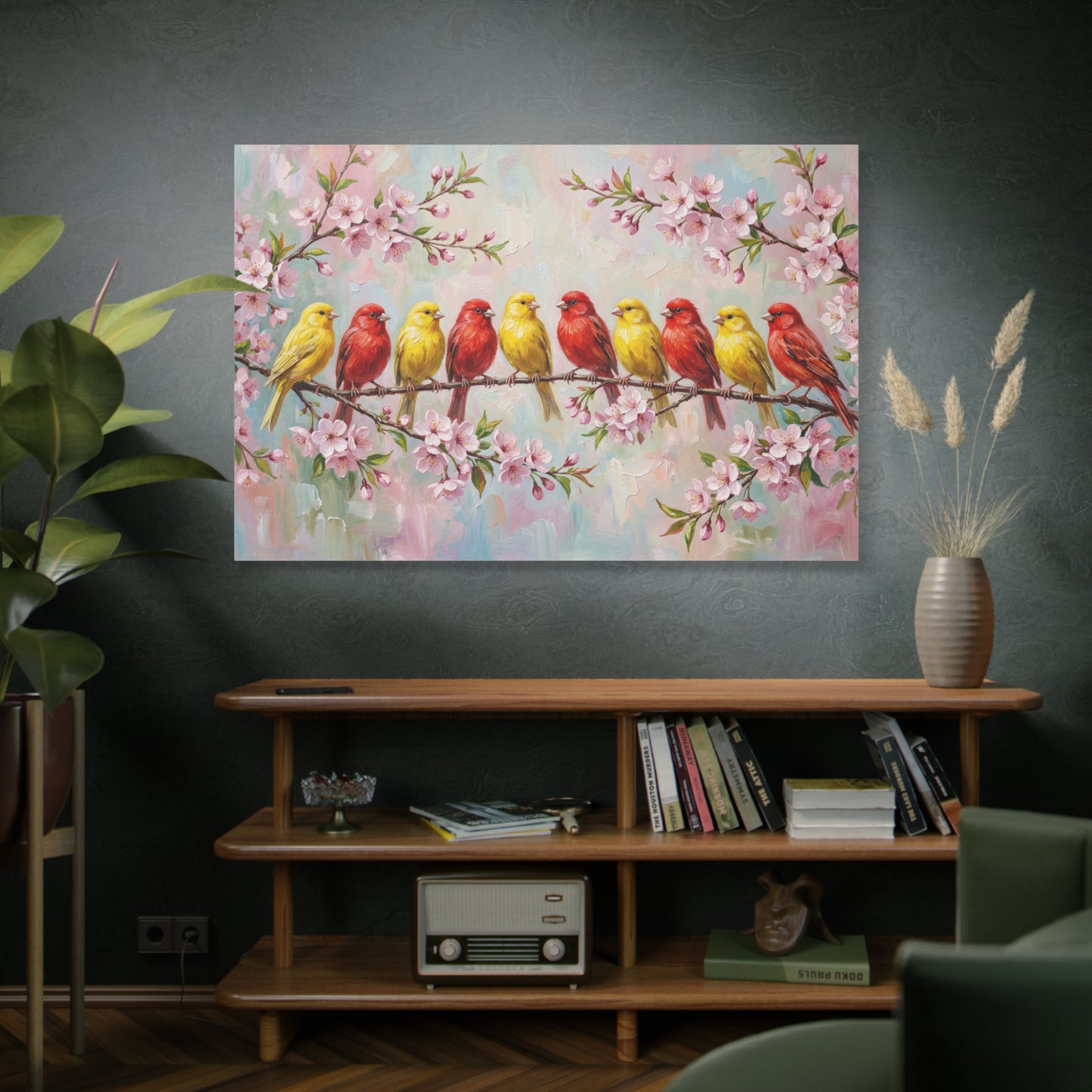 Spring Harmony – Colorful Canary Birds on Blossom Branch Canvas Wall Art