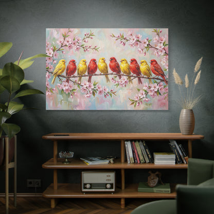 Spring Harmony – Colorful Canary Birds on Blossom Branch Canvas Wall Art