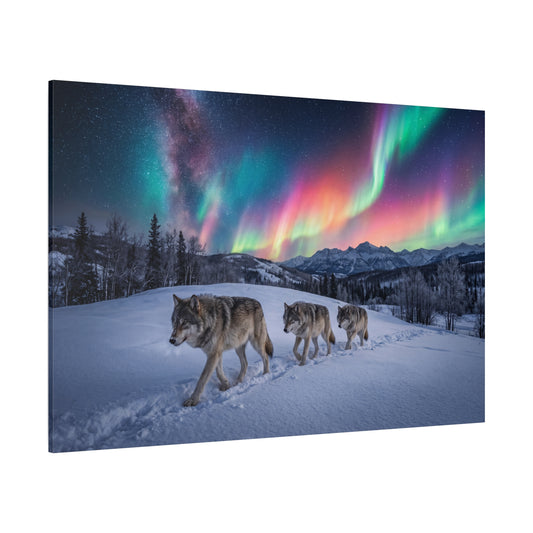 Wolves Under Northern Lights – Arctic Night Wilderness Canvas Wall Art