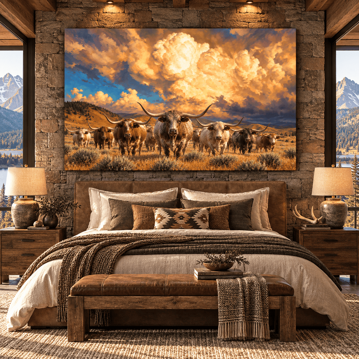 Texas Longhorn Cattle Herd Under Golden Storm Clouds Wrapped Canvas Wall Art – Western Ranch Landscape - ART OF ROYALS