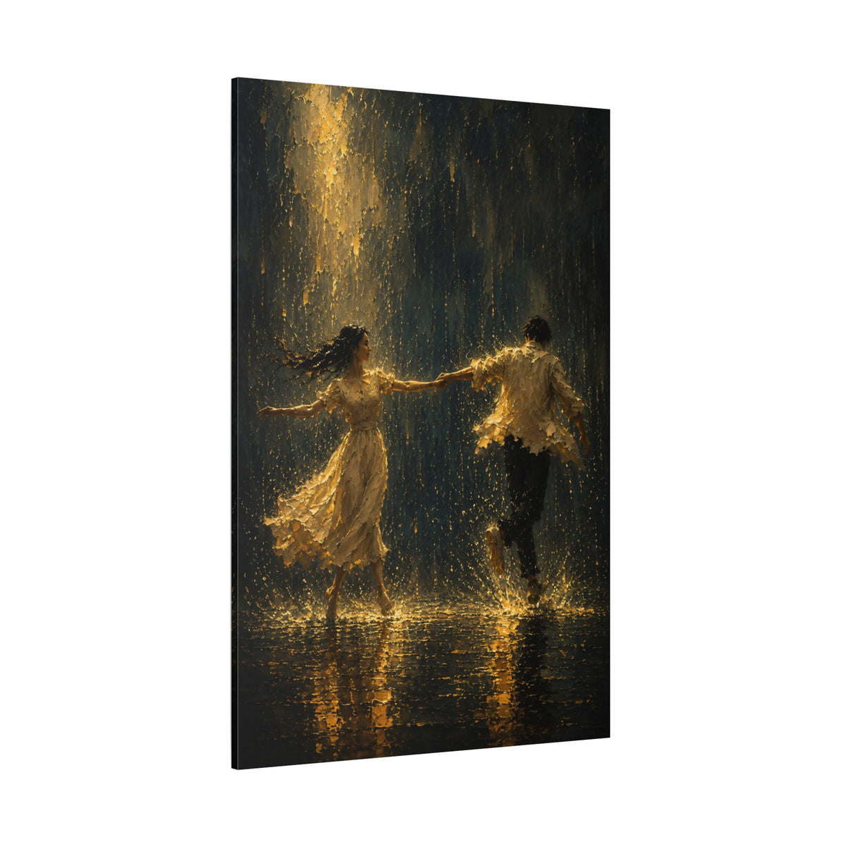 Dancing in the Rain Couple Wrapped Canvas Wall Art – Romantic Textured Oil Painting Print - ART OF ROYALS