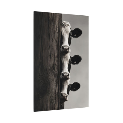 Cows Peeking Around Post Wrapped Canvas Wall Art – Playful Black and White Photography Print - ART OF ROYALS