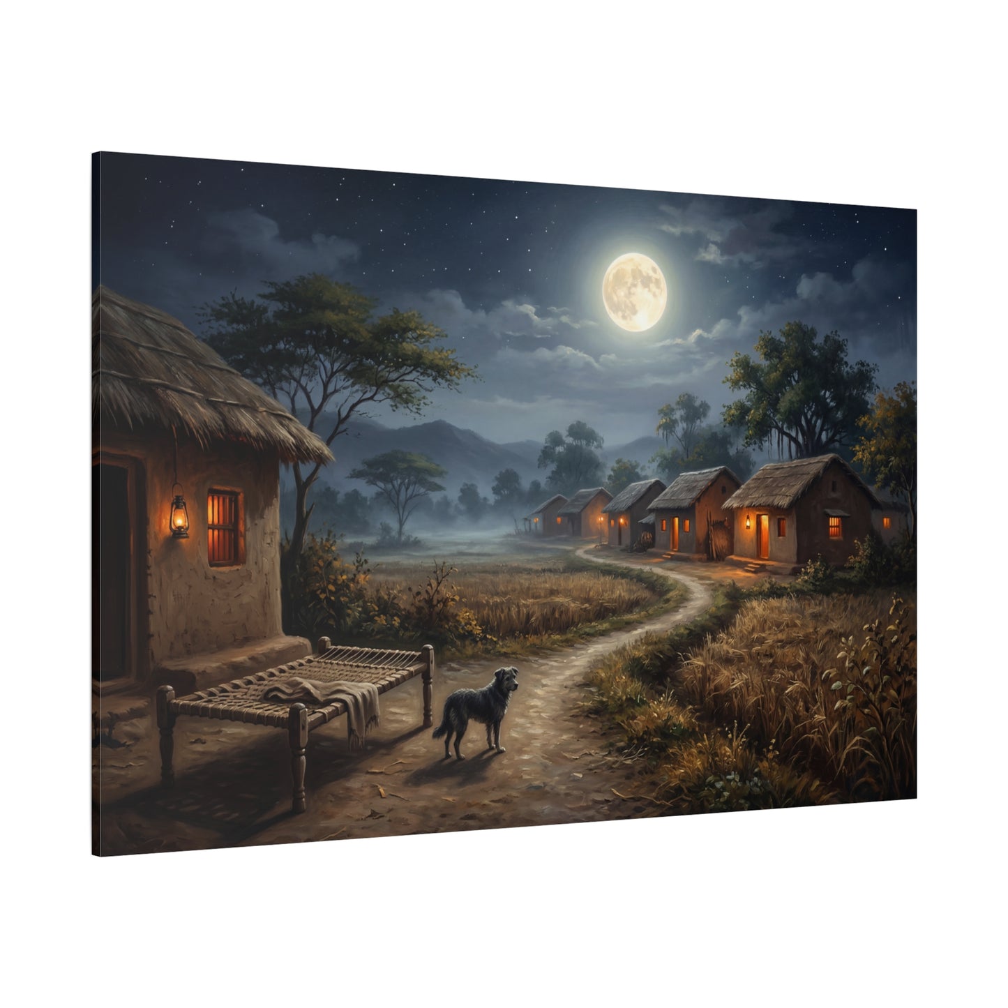Moonlit Village Serenity – Peaceful Rural Night Canvas Wall Art
