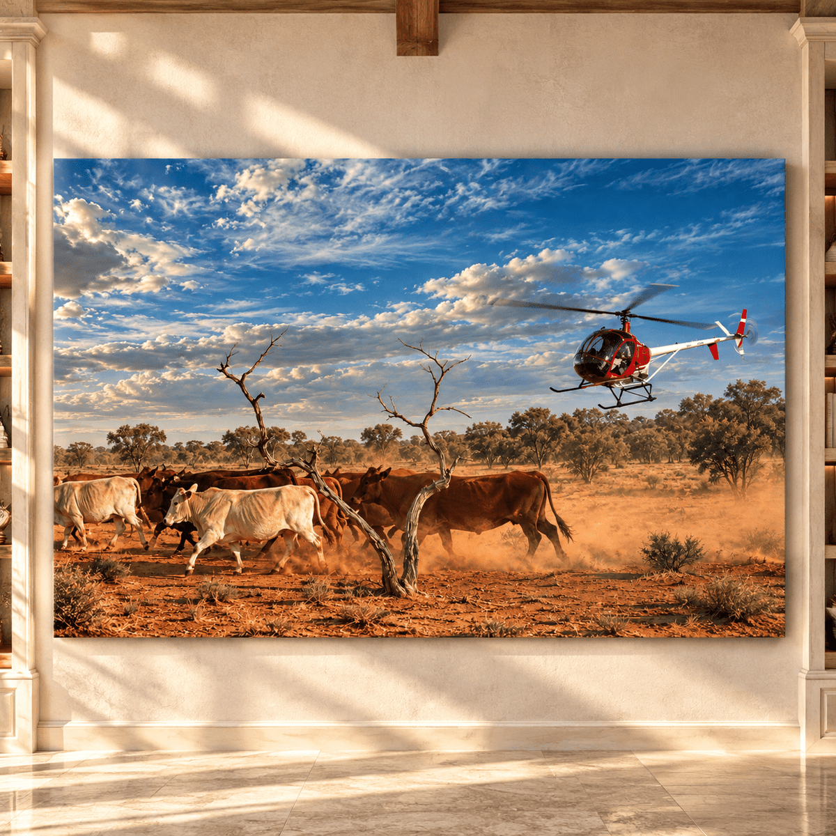 Helicopter Cattle Mustering Wrapped Canvas Wall Art – Australian Ranch Herding Landscape Print - ART OF ROYALS