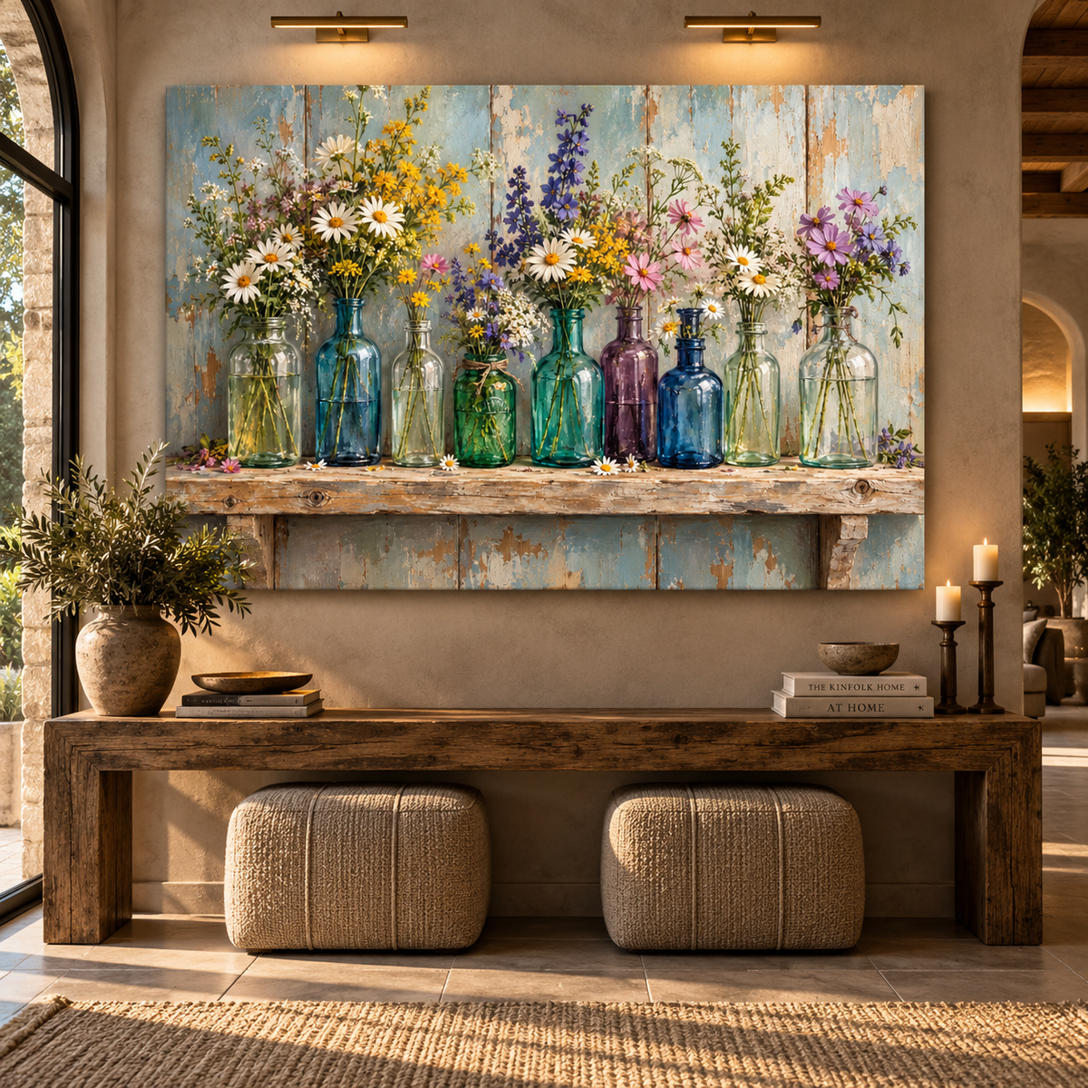 Wildflowers in Vintage Glass Bottles Wrapped Canvas Wall Art – Rustic Farmhouse Floral Still Life Painting - ART OF ROYALS