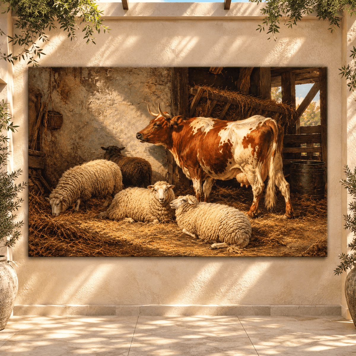Cow and Sheep in Rustic Barn Wrapped Canvas Wall Art – Vintage Farm Animal Painting - ART OF ROYALS