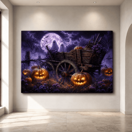 Ghost Wagon Halloween Wrapped Canvas Wall Art – Purple Moon Pumpkin Patch Print - ART OF ROYALS