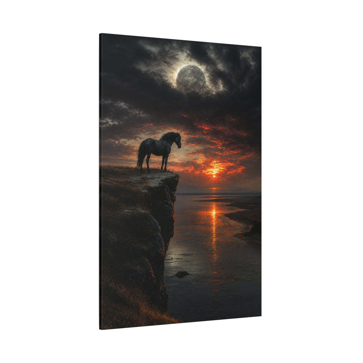 Cliffside Stallion – Wild Horse Moon and Sunset Canvas Wall Art - ART OF ROYALS