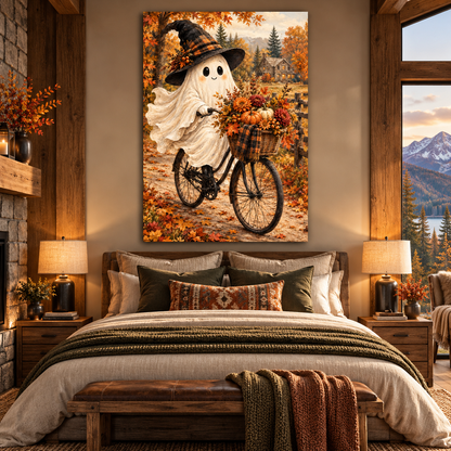 Whimsical Halloween Ghost on Bicycle Wrapped Canvas Wall Art – Cozy Autumn Farmhouse Painting